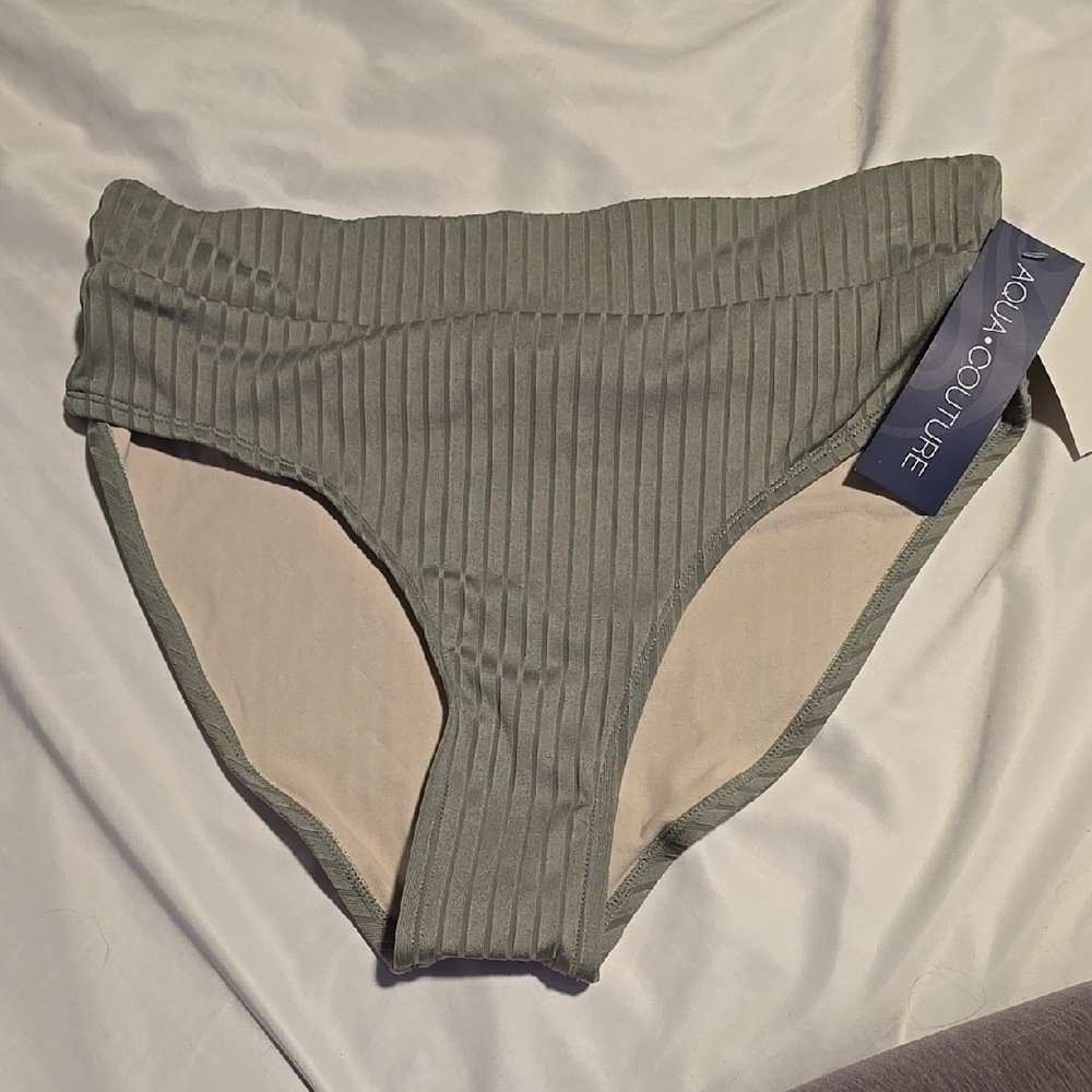 Aqua Couture Green Ribbed High-Cut Bottoms with Seamless Waistband M